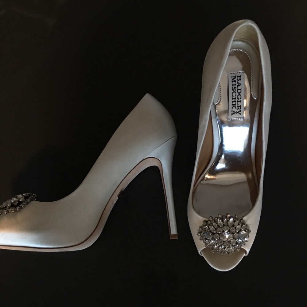 Badgley Mischka embellished peep-toe satin pumps